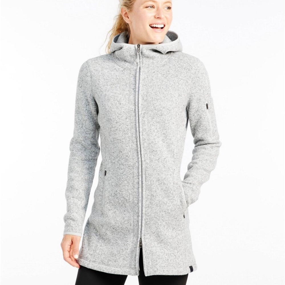 Women's L.L.Bean Sweater Fleece Coat 2 Way Zip Jacket Gray Long Hoodie, L Pet - Picture 2 of 11